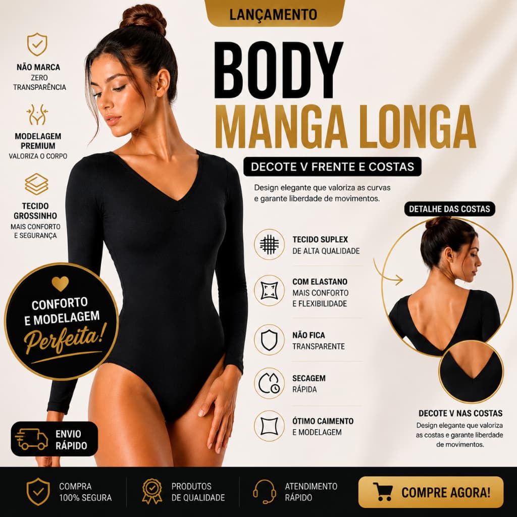 Body Feminino Manga Longa Segunda Pele Decote V Frente e Costas Suplex Premium Elastano Tendência Outono Inverno