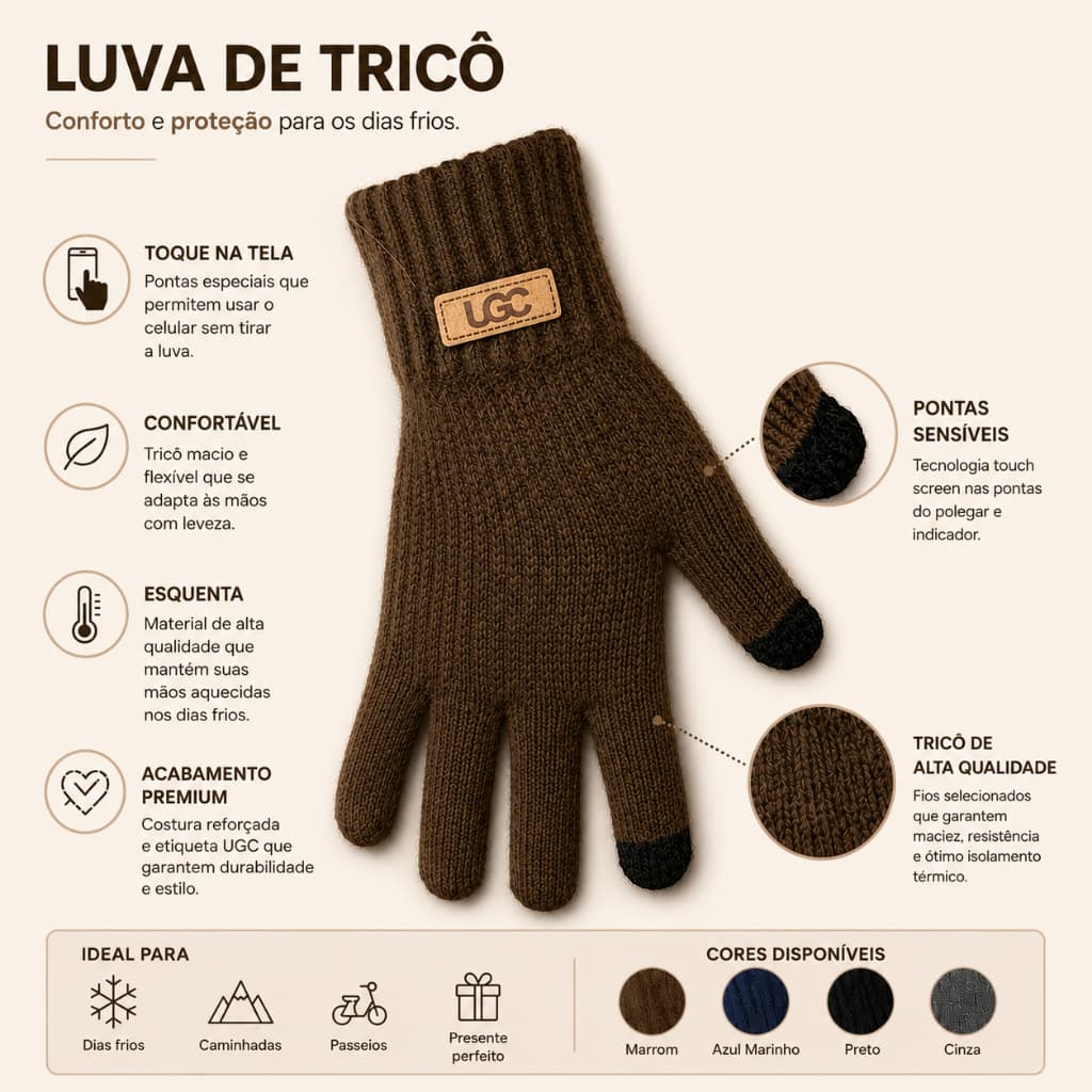 Luva de Tricô Touch Screen UGC Unissex – Conforto, Proteção e Estilo para o Inverno