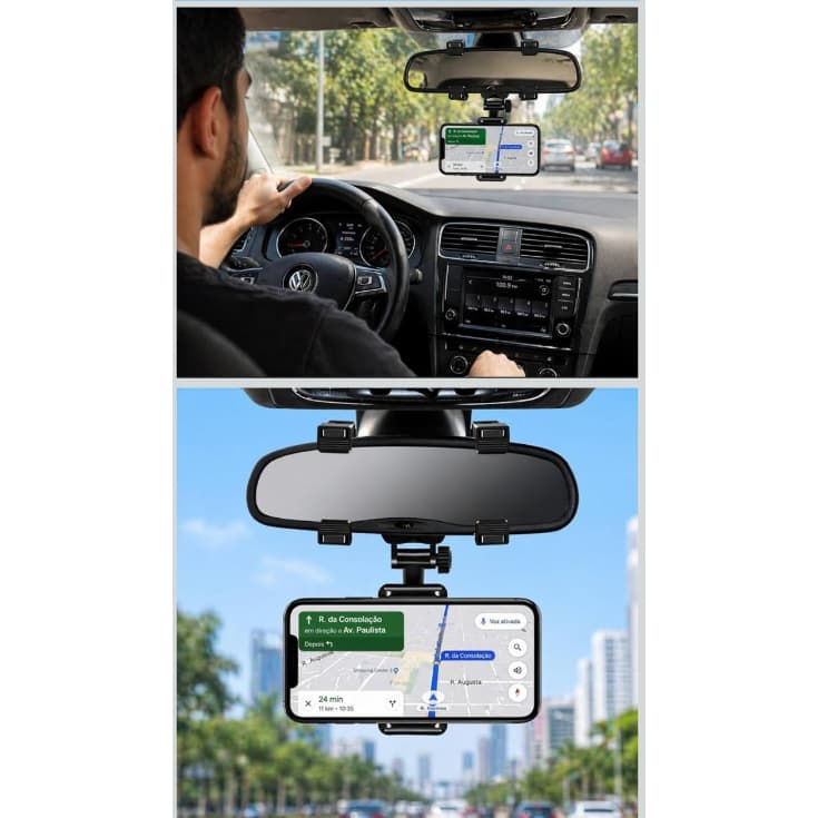 Suporte de Celular para Carro Retrovisor Giratório Retrátil Ajuste Universal Antiqueda