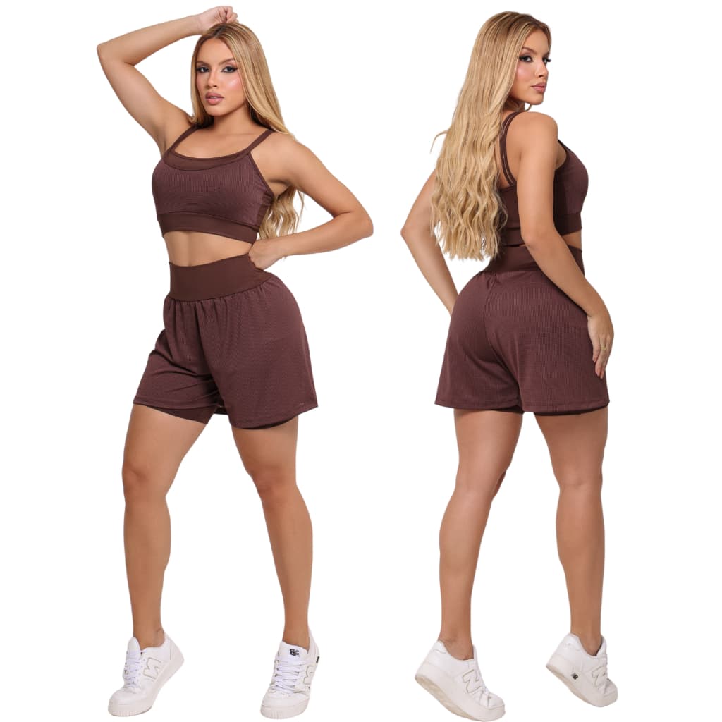 Conjunto Feminino Fitness Short Duplo Com Cropped Moda Academia Treino Premium P ao GG