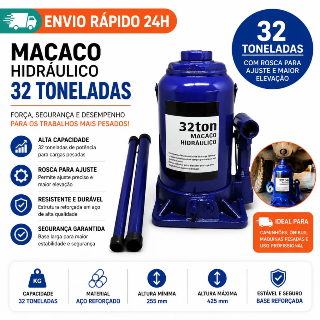 Macaco Garrafa Hidráulico 32 toneladas para caminhão VW MB Iveco Ford Compatível