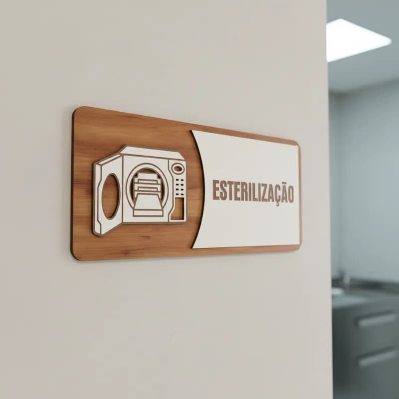 Placa de Sinalização Esterelização MDF Alto Relevo 30x13cm Para Porta