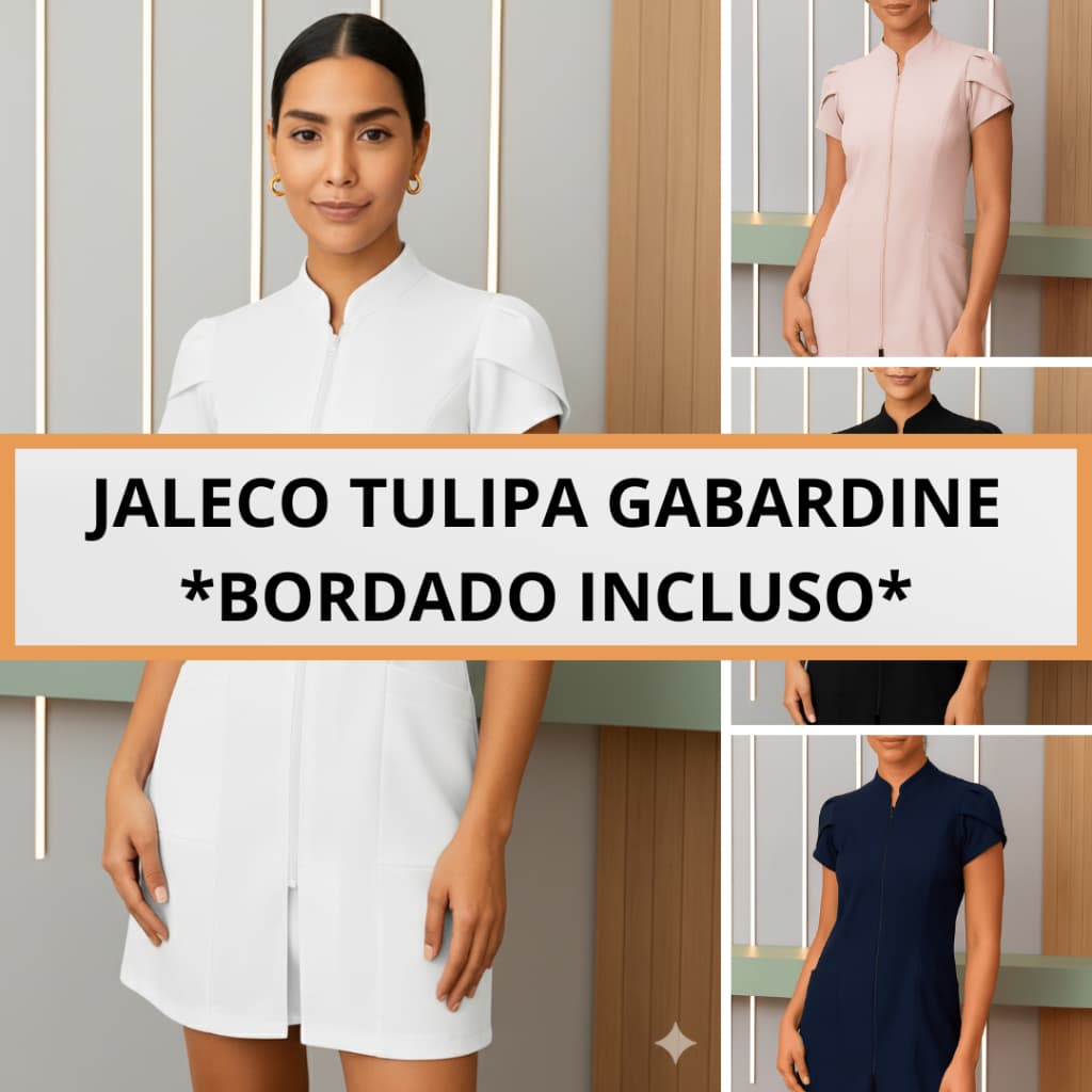 Jaleco manga tulipa com ziper gola padre enfermagem veterinaria medicina BORDADO INCLUSO
