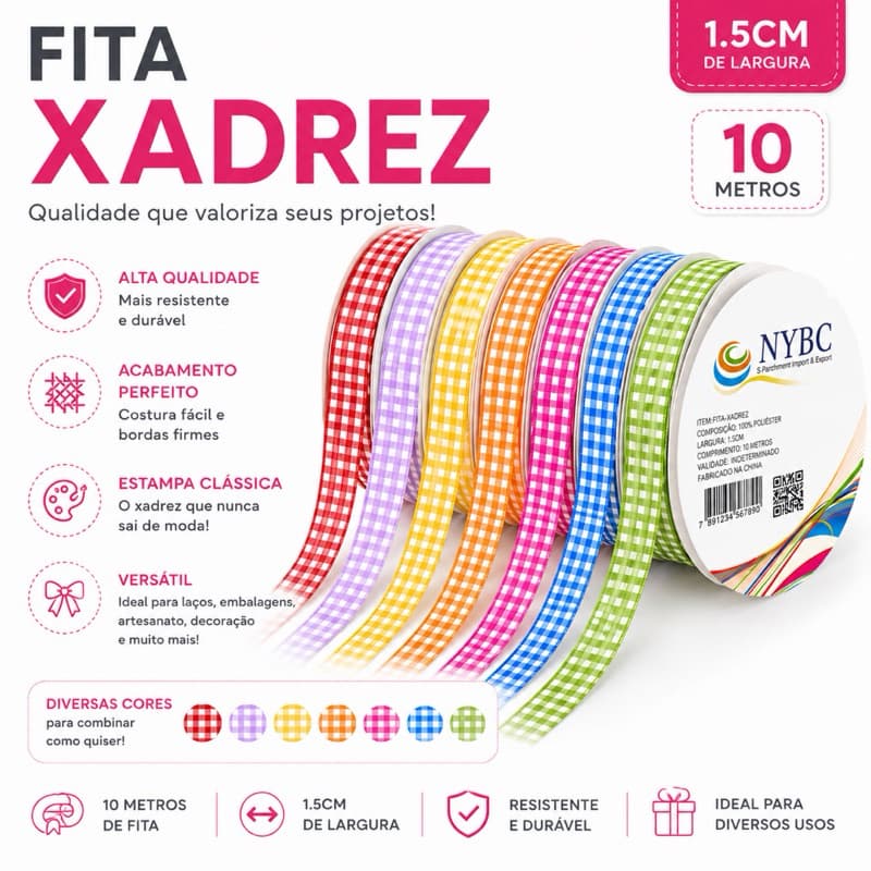 Fita Xadrez 15mm Rolo 10 Metros Colorida Para Laços Artesanato Festa Junina Costura Embalagens