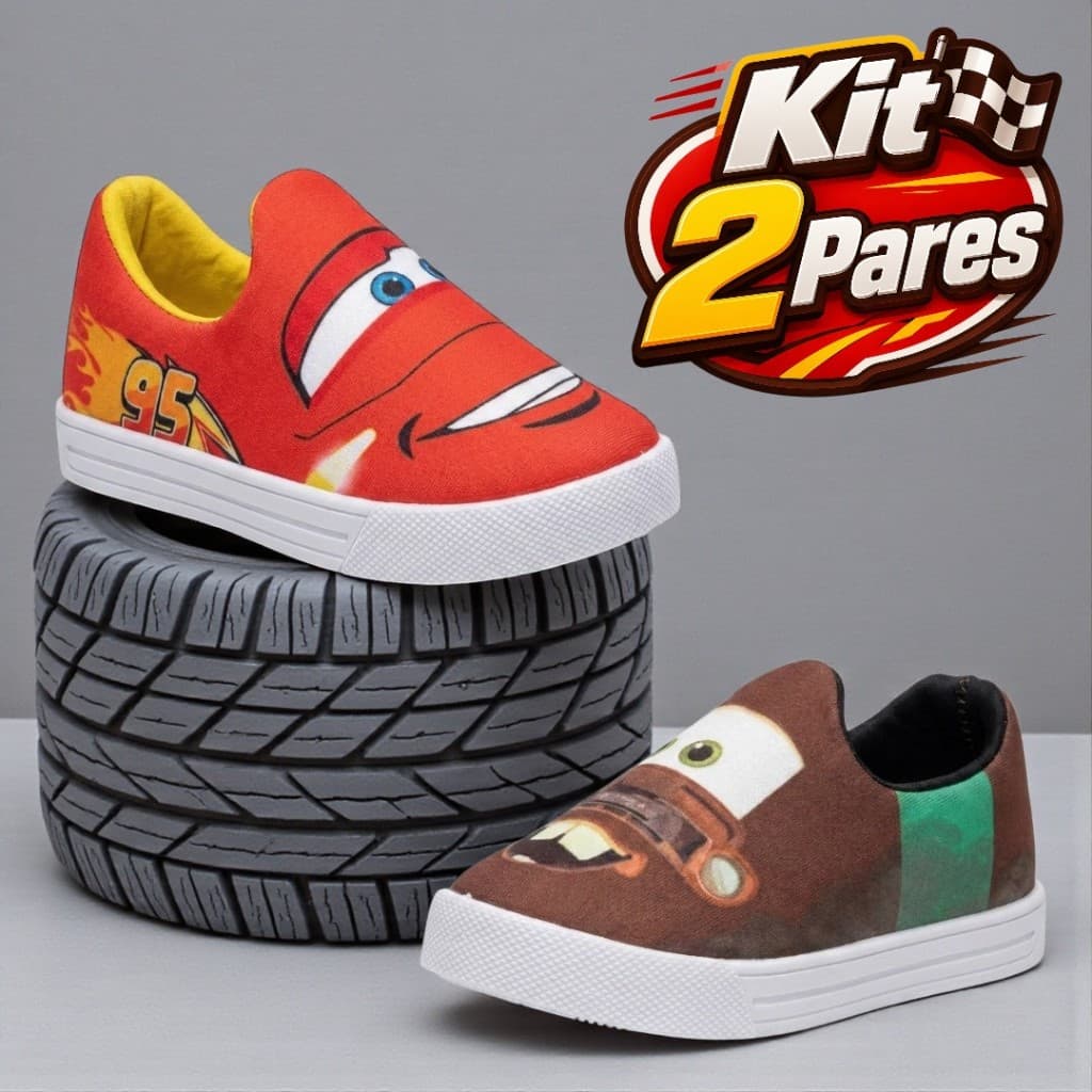 Kit 2 Pares Calce Fácil Infantil Menino Liso e Estampado Personagens