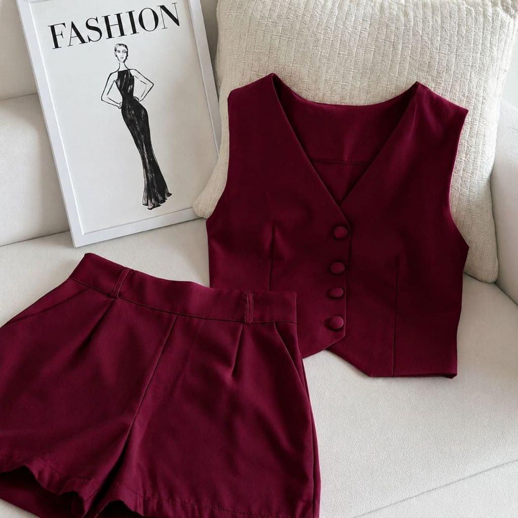 Conjunto Feminino Alfaiataria Social - Colete e Short Elegante Moda Chic