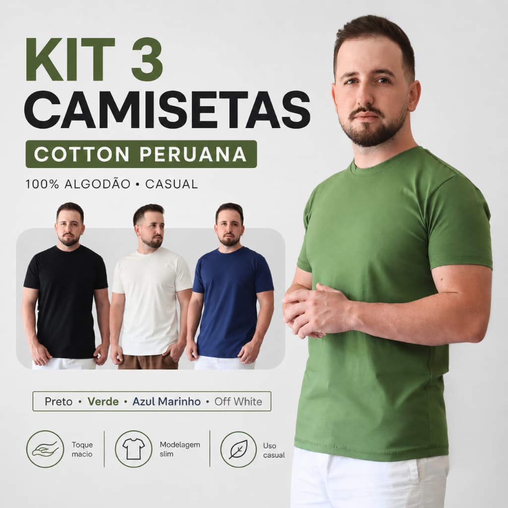 Kit 3 Camiseta Cotton Peruana Masculina Lisa 100% Algodão Casual