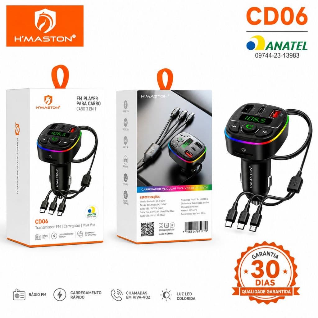 Transmissor Bluetooth Veicular 20W USB-C | Carregador Rápido 3 em 1 para Carro com Rádio FM e Viva-Voz