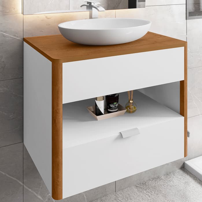 Gabinete para Banheiro Santorini Branco Naturalle com Cuba Mármore Sintético e Nicho Bechara