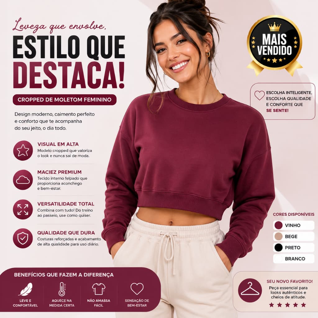 Cropped de Moletom Feminino Manga Longa