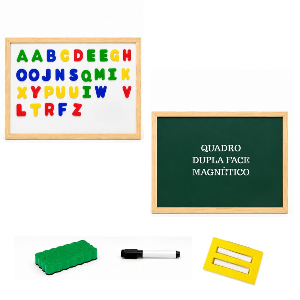 Lousa Lousinha Quadro escolar 40x60 Duplo Lado Infantil ABC Letras magneticas giz apagador  marcador