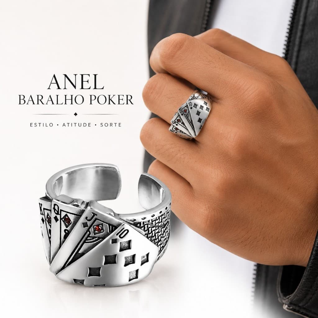 Anel Baralho Poker Regulável Ajustável Cartas Jogo Cassino Prateado Prata Vegas Nipe Luxo Moda Sorte