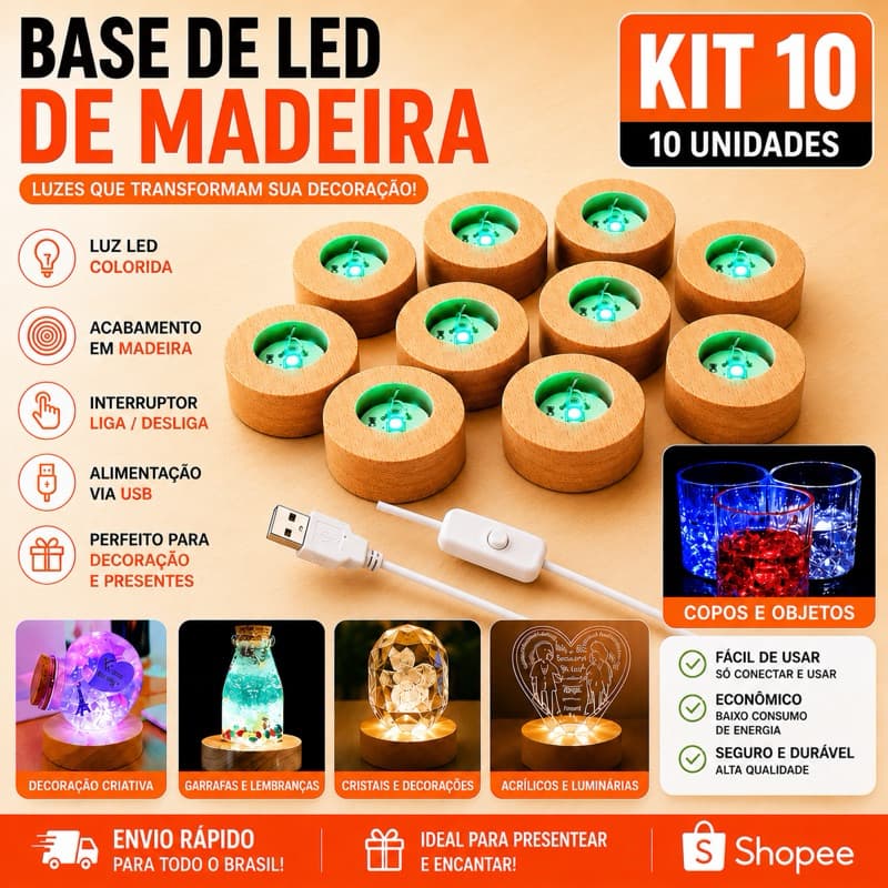 Kit 10 Base LED RGB USB – Luz Colorida para Cristal e Enfeites 23220