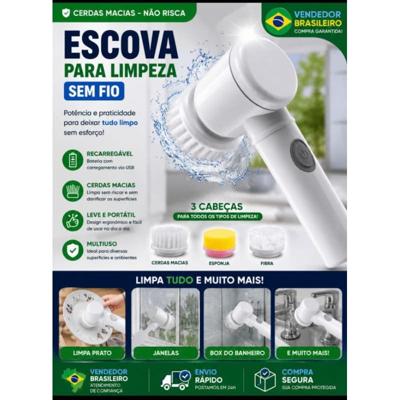 Escova Elétrica de Limpeza 5 em 1 – Portátil, Leve e com Design Ergonômico