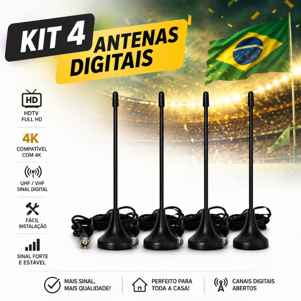 Kit 4 Antenas Digitais Internas 1,5m TV HDTV Full HD 4K UHF VHF Sinal Forte Canais Abertos Smart TV Fácil Instalação
