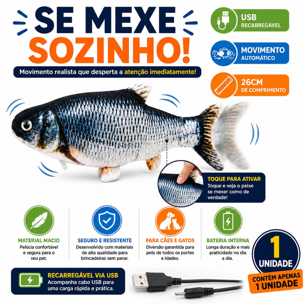 Peixe Interativo Animado para Pets 26cm Recarregável USB