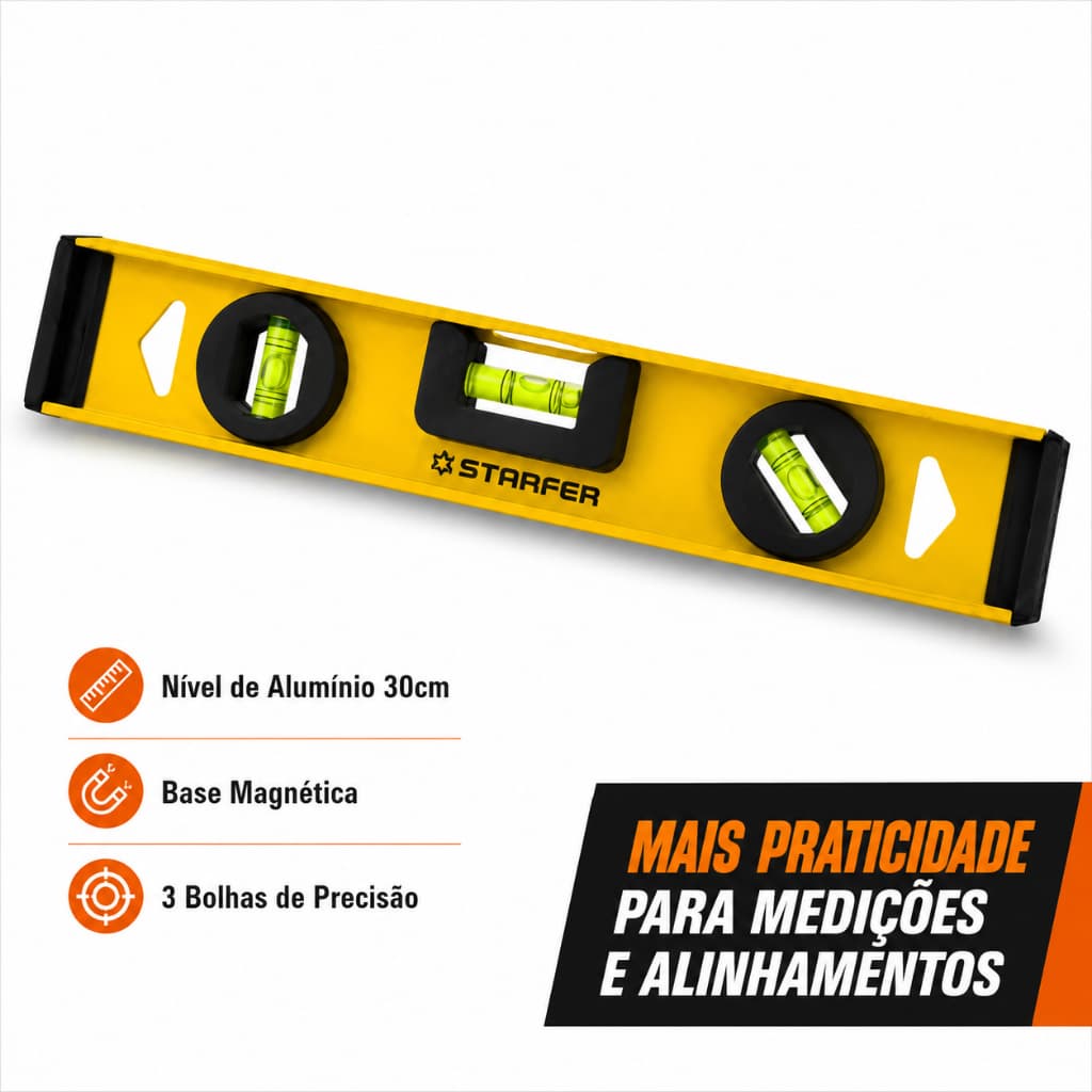 Nível em Alumínio com Base Magnética 12 polegadas aproximadamente 30 centímetros com três bolhas