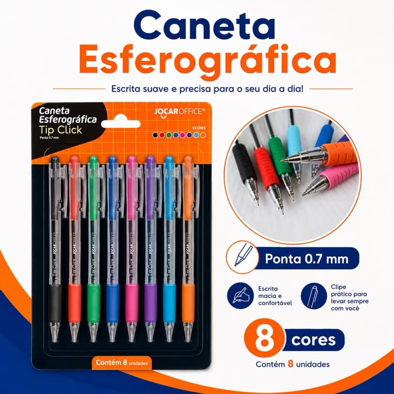 Caneta Esferográfica Tip Click - 4 OU 8 Cores - Jocar - 0,7mm