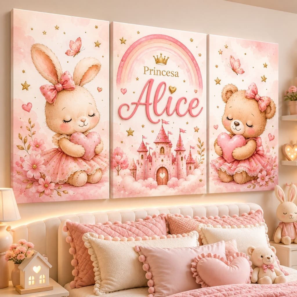Trio De Quadros Decorativos Infantil Menina Personalizado Com Nome Princesas Ursinhos Quarto