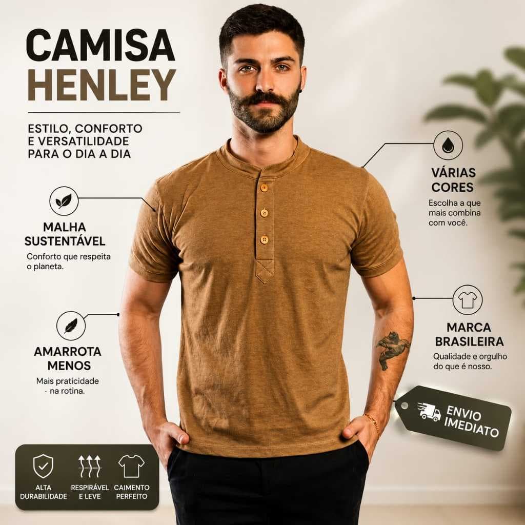 Camisa Masculina Gola Padre Henley de Manga Curta