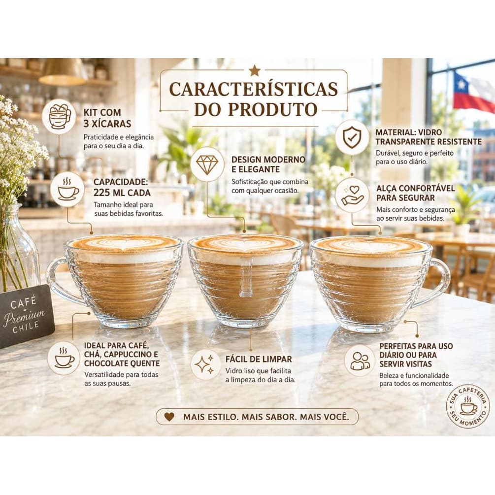 kit 3 xícaras de vidro Transparente 225ml Resistente para café e chá