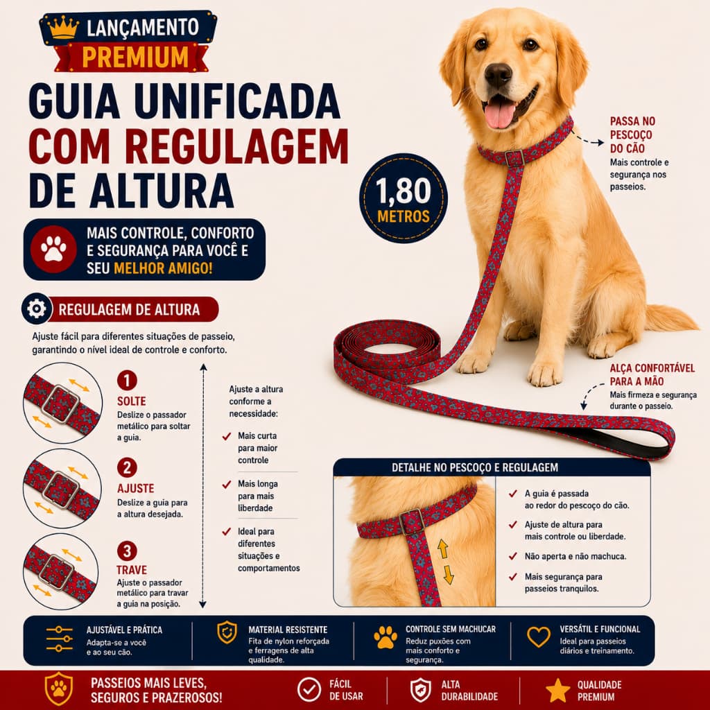 Guia Coleira Unificada para Adestramento de Cães Reforçada Resistente Educativa