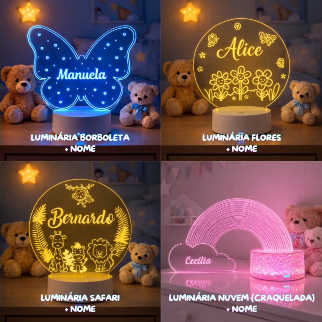 Abajur INFANTIL 3D Acrílico Colorida+CONTROLE - 4 Modelos, Escolhe o SEU! Desenho + Nome