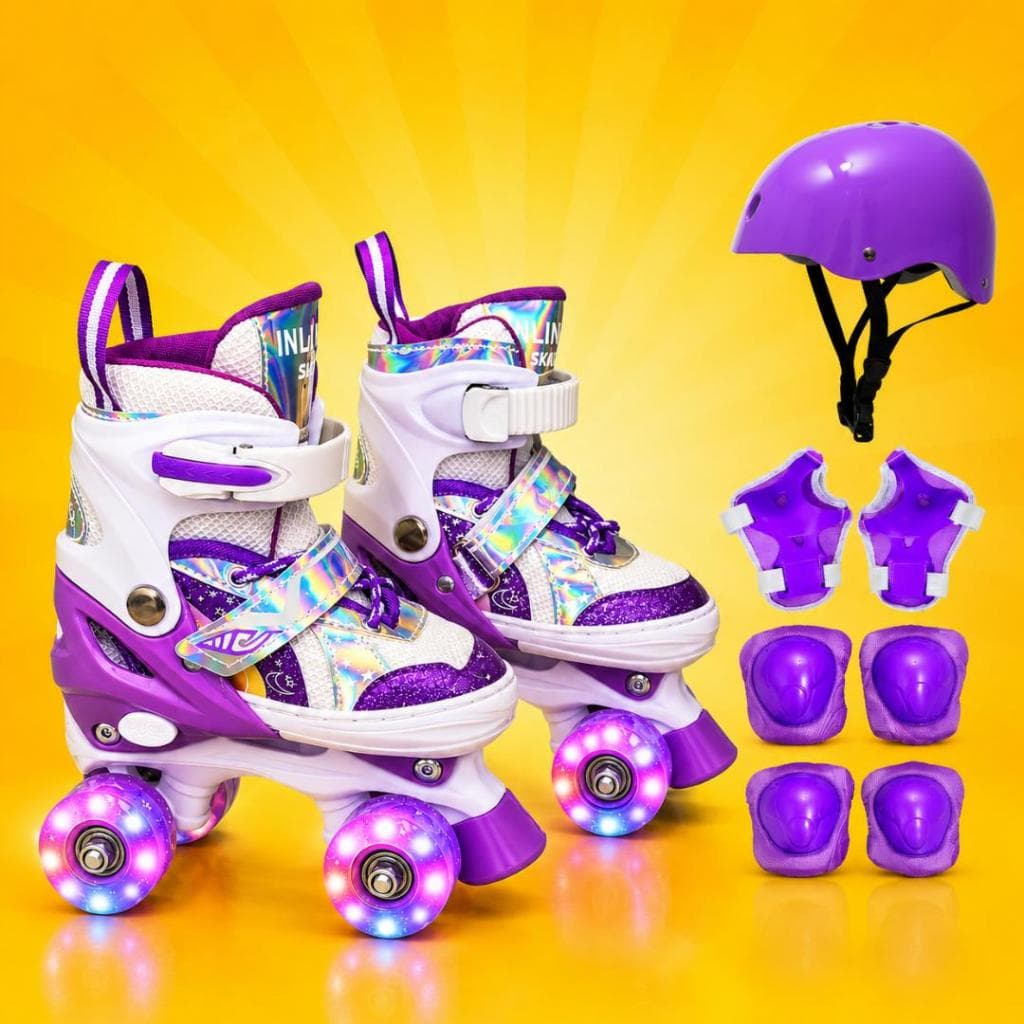 Patins Quad Arco Iris 4 Rodas Infantil com Led em todas Rodinhas + Bolsa + KIT COMPLETO DE PROTEÇÃO