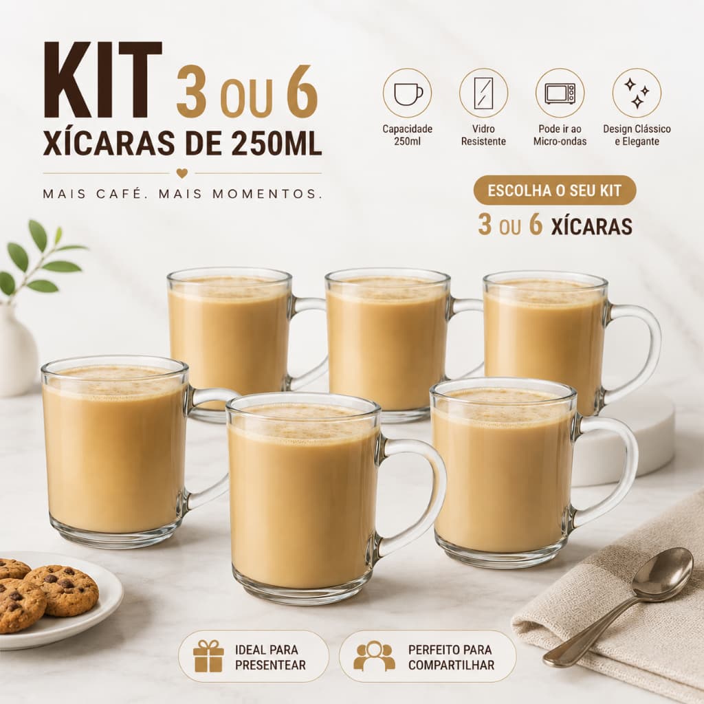 Jogo De Xícaras Em Vidro 250ml Kit Canecas Para Chá Café Louça