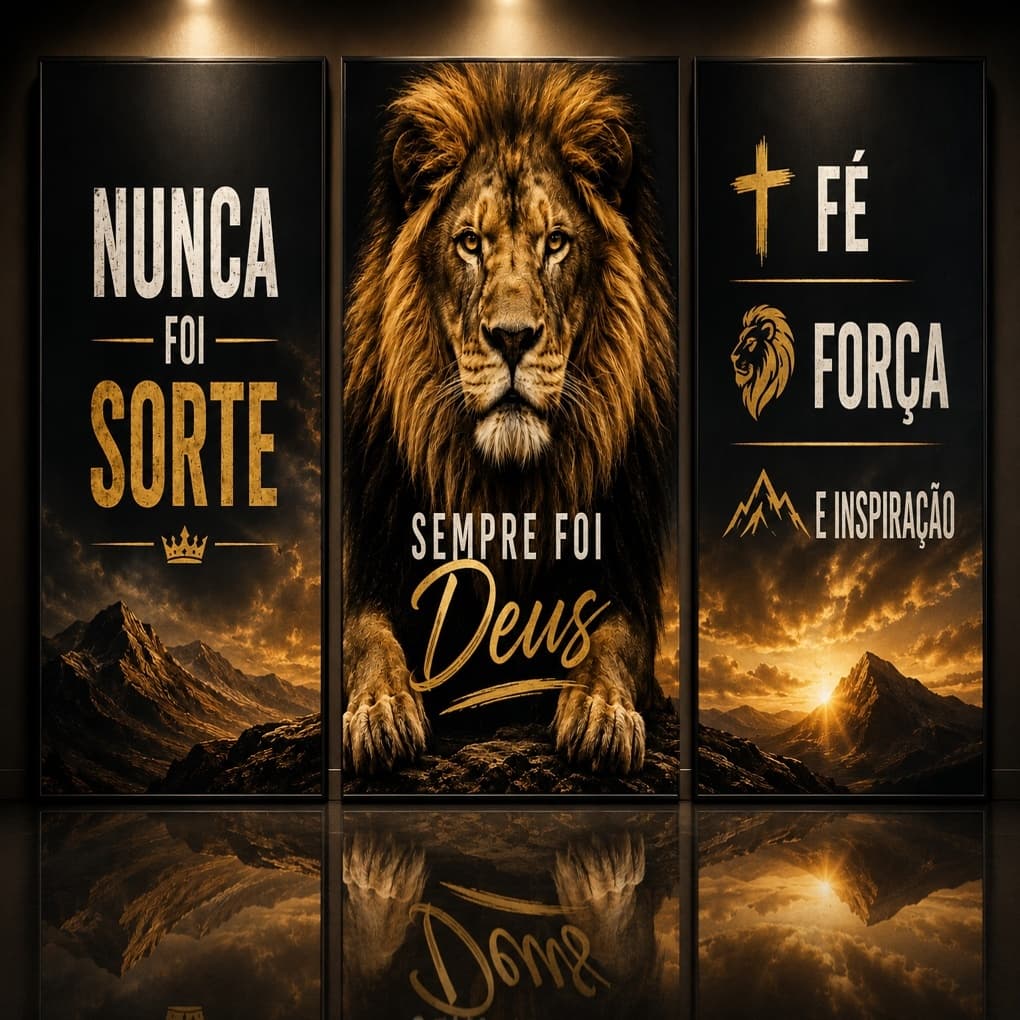 Quadro Decorativo 3peças Leão Motivacional Nunca Foi Sorte Sempre Foi Deus Fé Força e Inspiração