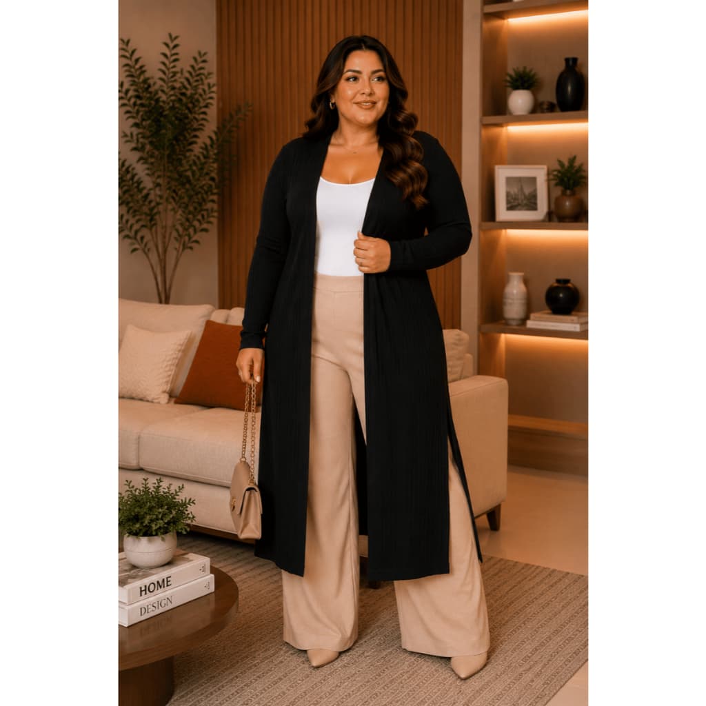 Casaco Estilo Cardigan Comprido Longo G1 ao G4 Tecido Canelado Look Elegante Sofisticado  Plus Size Casaco Aberto
