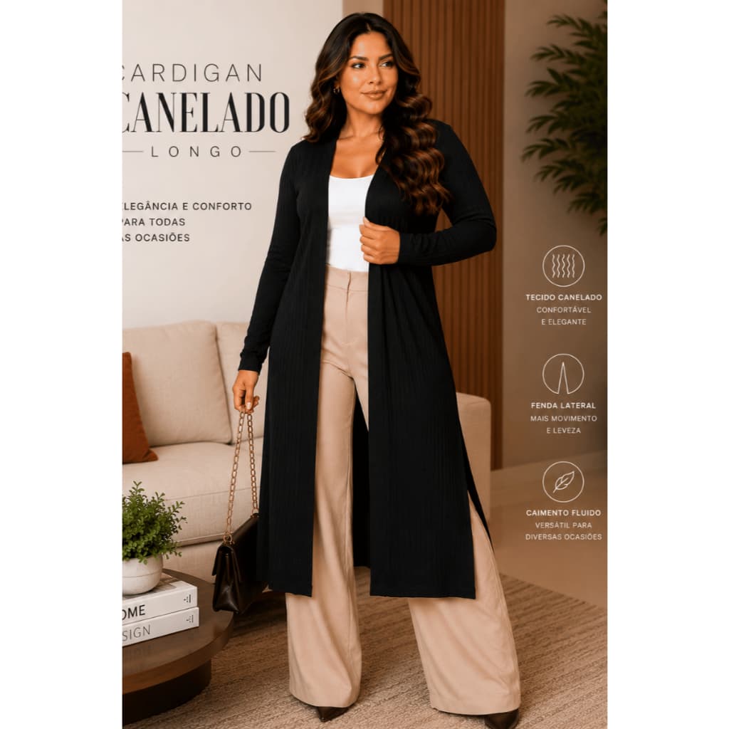 Cardigan Feminino Kimono Canelado Longo Comprido do P ao Plus Size G1 ao G4 Casual Elegante Inverno Frio Feminina Moda