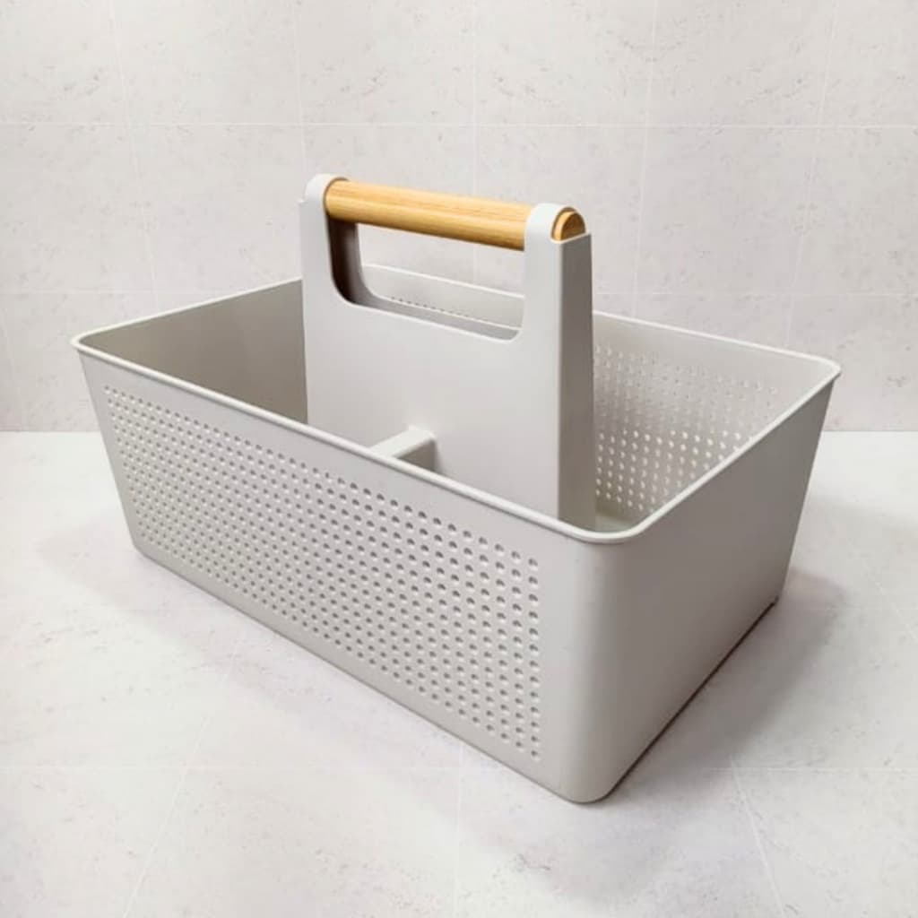 Organizador Multiuso Flow com Alça de Bambu Cesto Plástico Resistente Divisória Cor Cinza ou Bege
