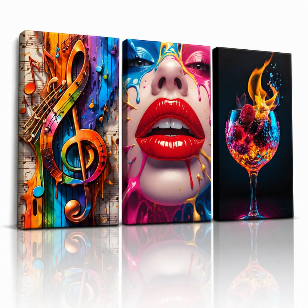 Kit 3 Quadros Decorativos Coloridos Arte Música Boca Taça Moderno Sala Quarto