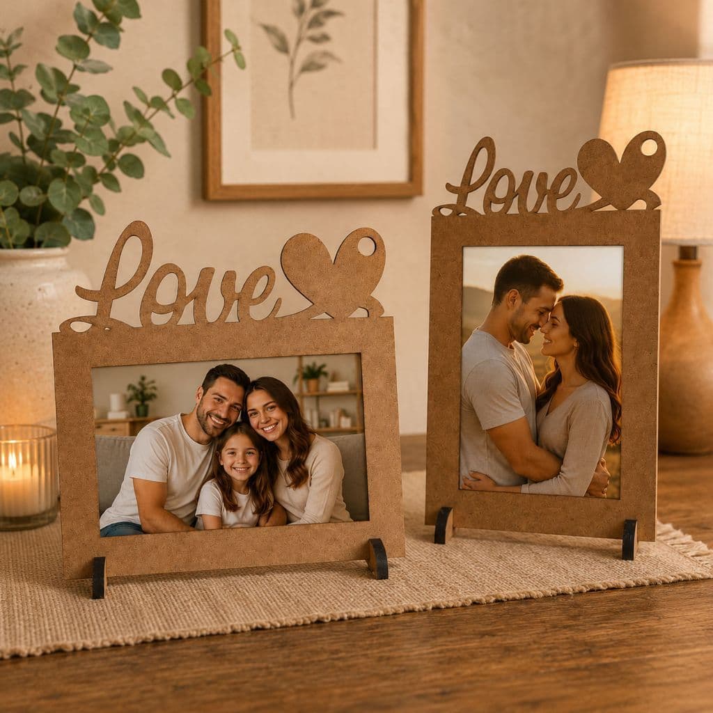 Kit 2 Porta Retratos Display Centro de Mesa Para Fotos Em MDF Decoração Família Amor