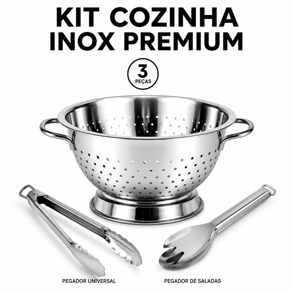 Kit Pegador Salada Inox Escorredor Macarrão Pegador Universal Cozinha Cozinha Gourmet Inox Premium