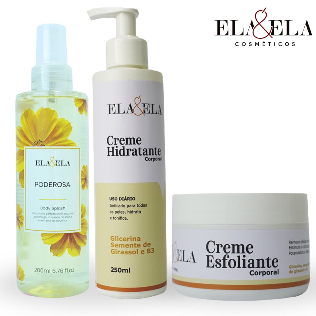 Kit Corporal Ela&Ela Poderosa - Body Splash Poderosa + Creme Hidratante + Esfoliante