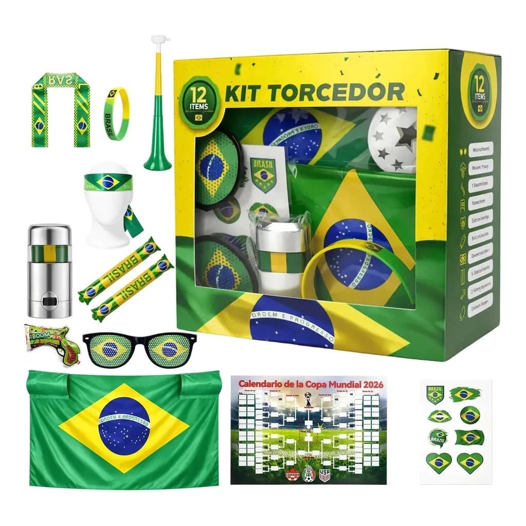 Kit12 Torcedor Copa 2026 Brasil Bandeira Adesivo Trompete Pintura Facial Acessórios Combo
