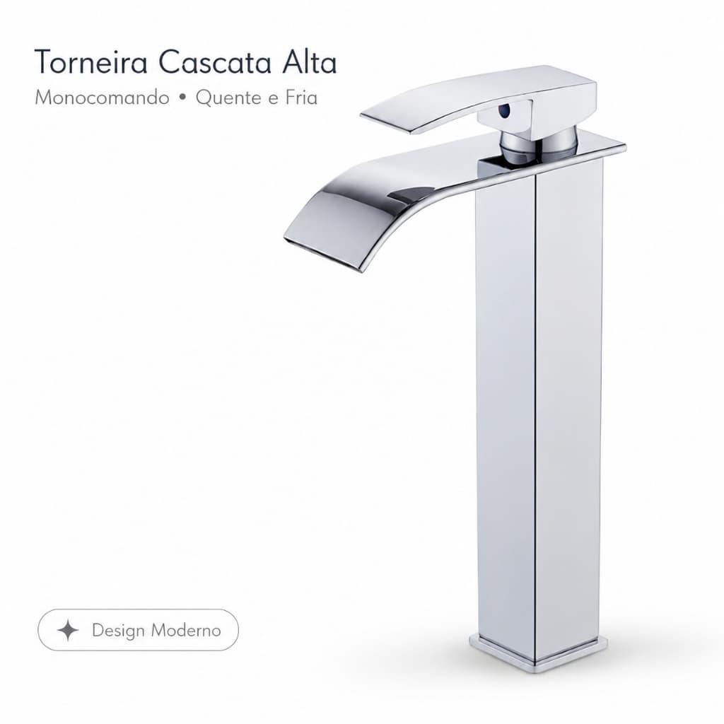 Torneira Cascata Alta Prata Para Banheiro Monocomando Água Quente Fria Bica Longa Lavatório