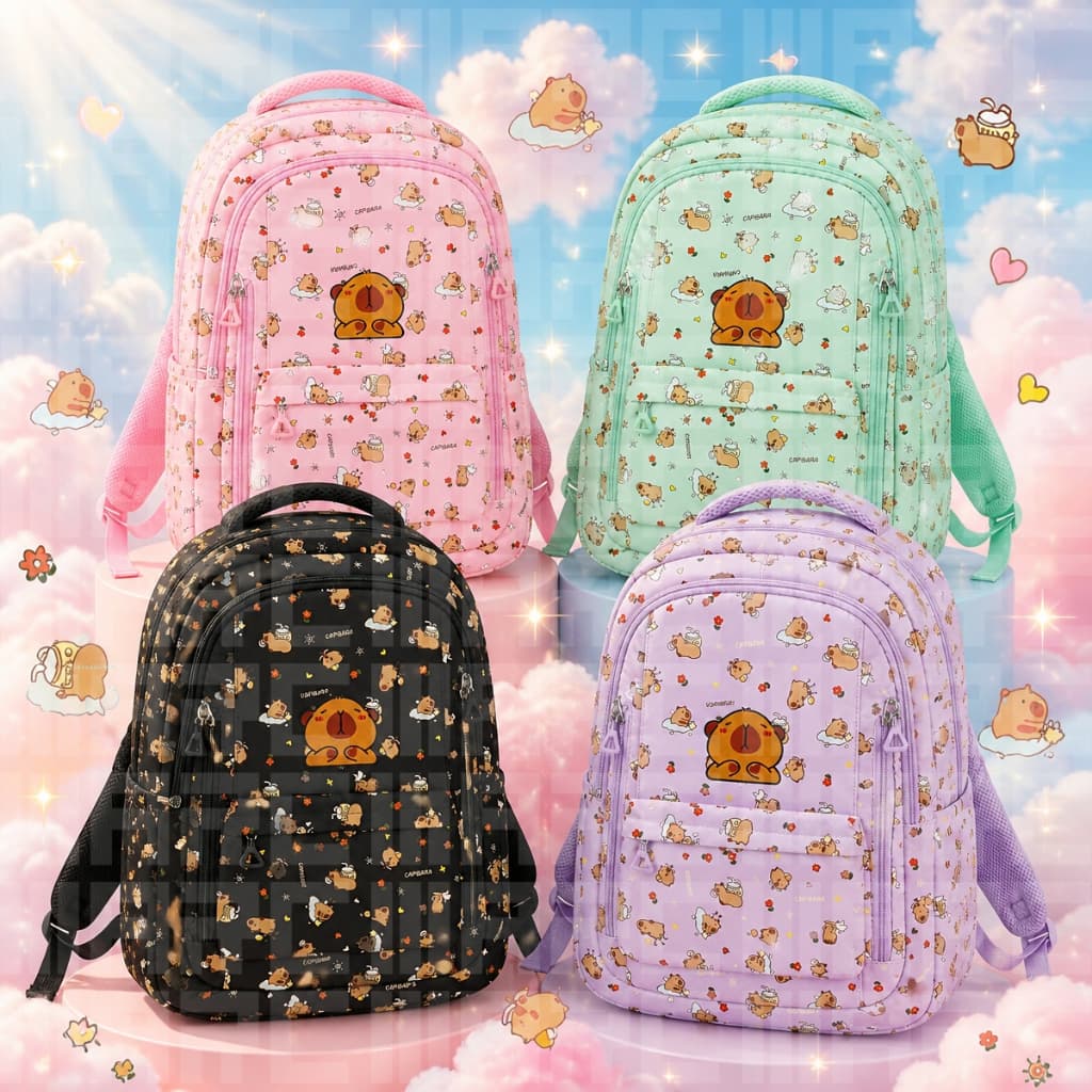 Mochila Feminina Capivara Lilás Roxa Escolar Infantil Capibara Grande 6 Bolsos Volta às Aulas