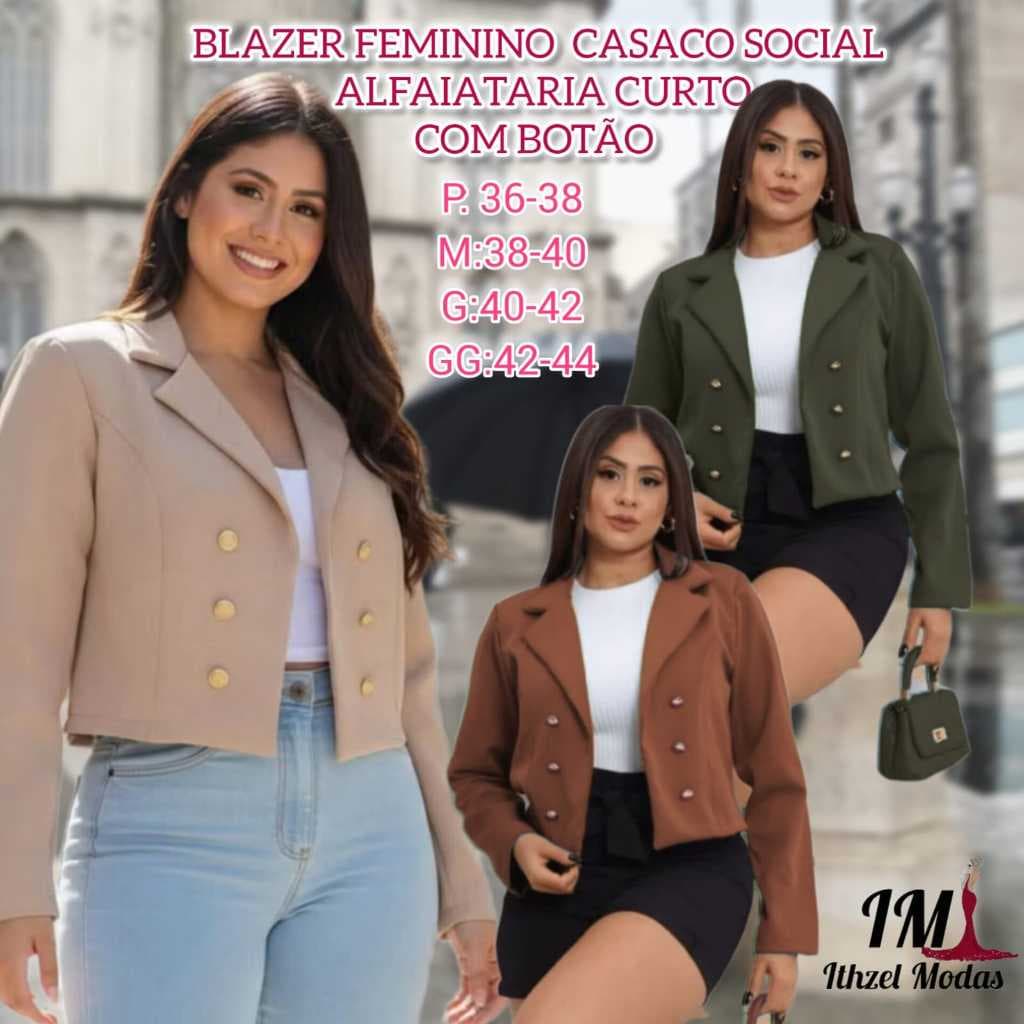 Blazer Feminino Liza Curto Alfaiataria Casaco Social Trabalho Botões Dourados