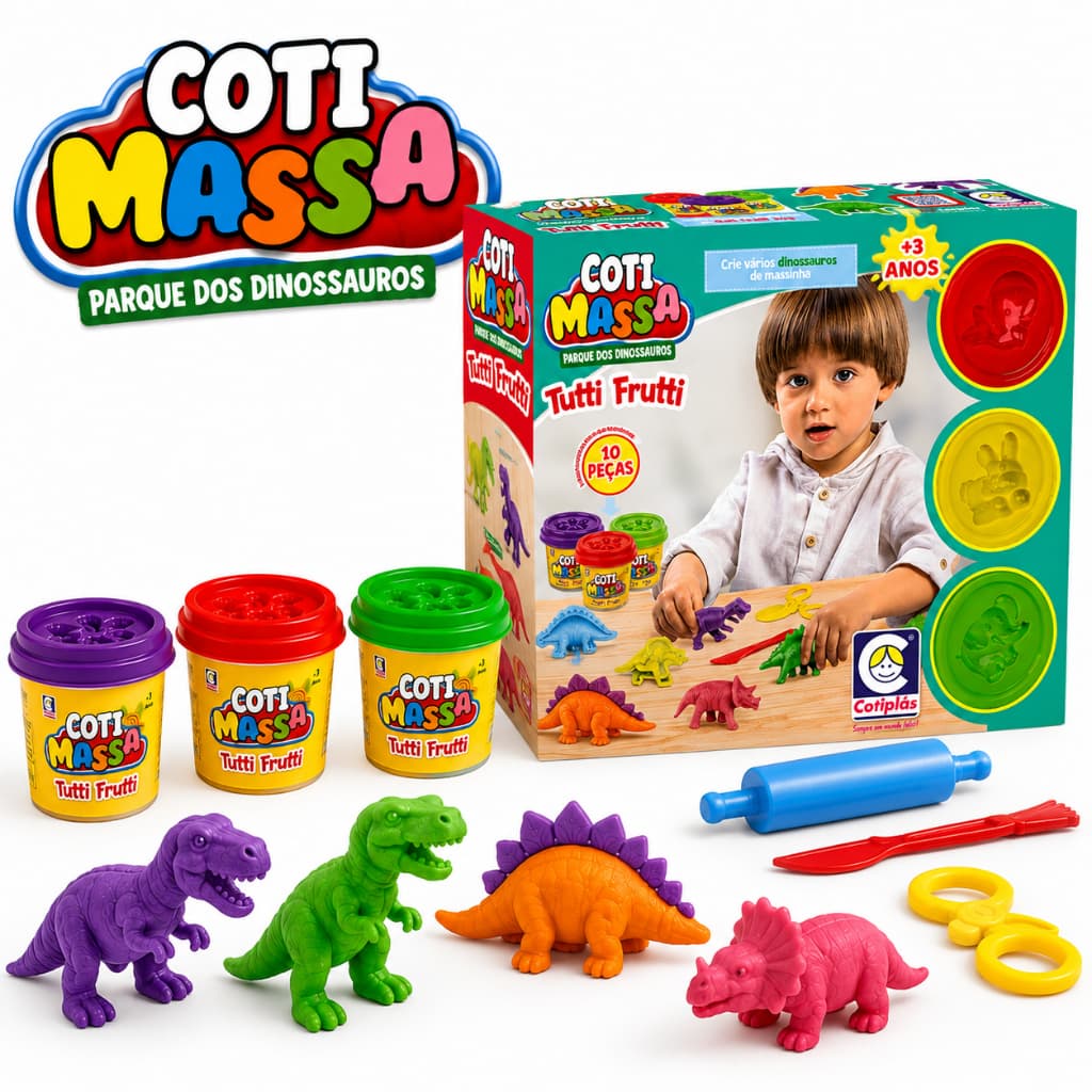 Kit Massinha De Modelar Dinossauros Coti Massa Cotiplás Infantil 10 Peças Forminha 3 Potes 50g Brinquedo Cores Moldes