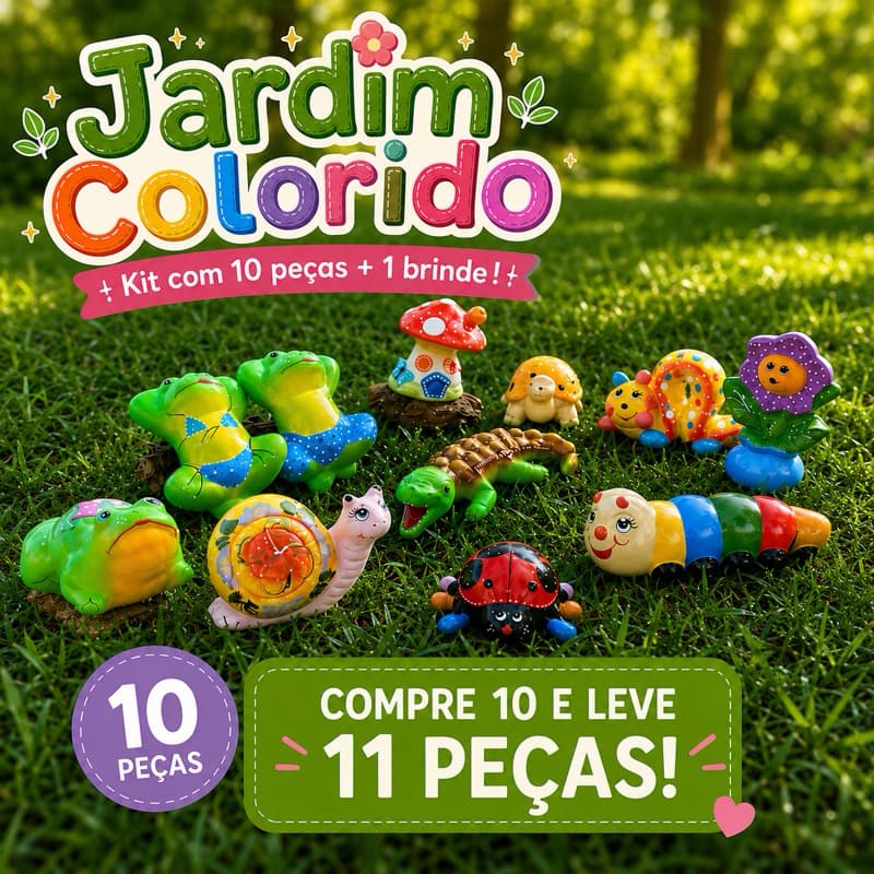 Kit Enfeite Decoração Jardim Cerâmica 10 Peças + Brinde Exclusivo Sapos Caracol Centopéia Cogumelo Tartaruga Joaninha