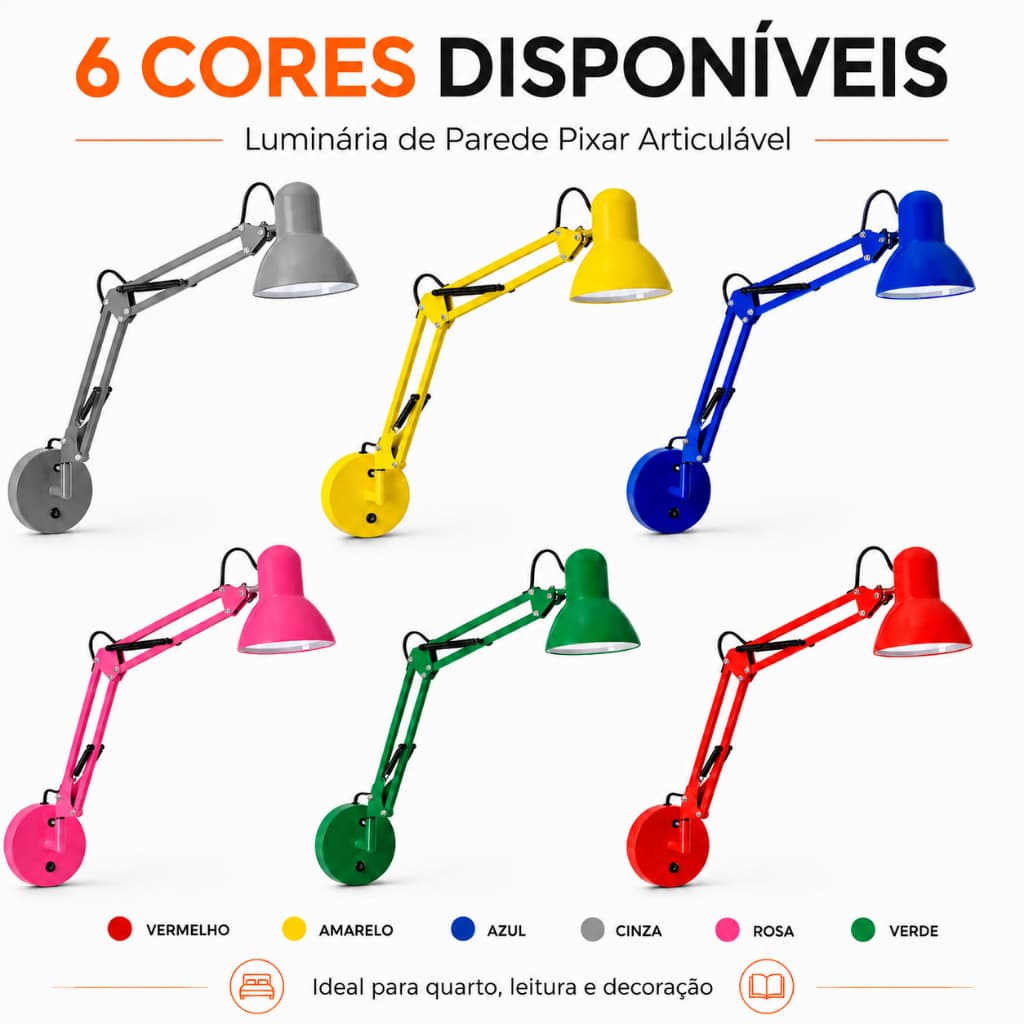 Luminária De Parede Pixar Arandela Articulável Com Interruptor Moderna Quarto Escritório 6 Cores