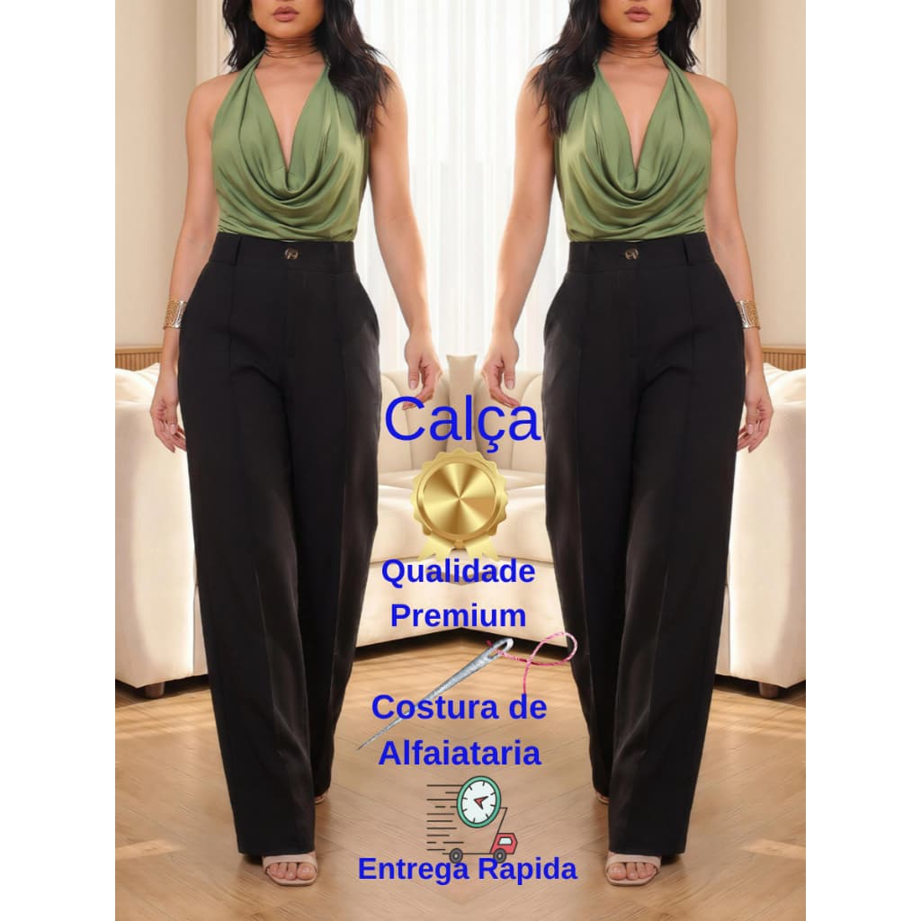 Calça Alfaiataria Feminina Pantalona Wide Leg Social Cintura Alta Com Bolso Elegante Moda Tendência