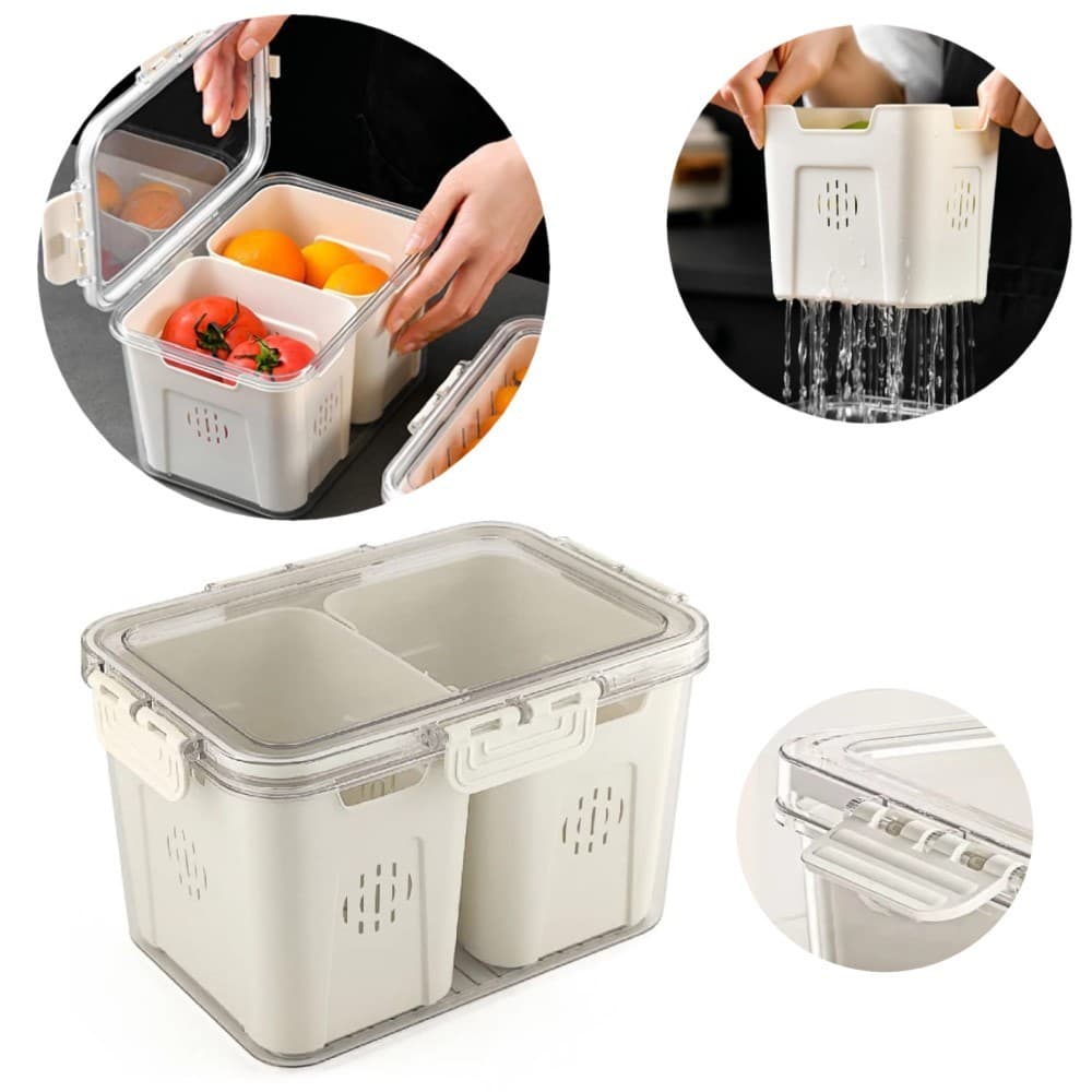 Organizador Acrílico Para Geladeira Com Tampa E Drenagem Para Frutas Legumes, Com 2 cestos Removíveis