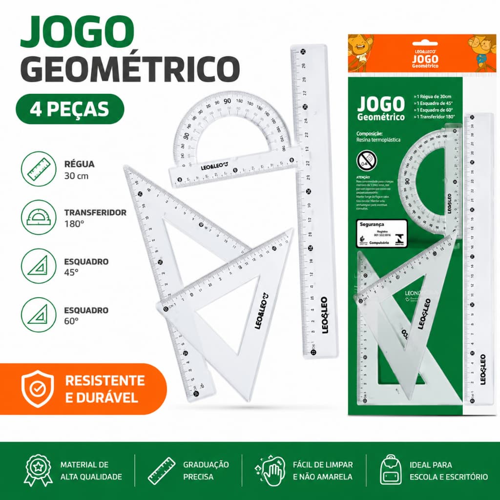 Kit Jogo Geométrico 4 Peças Régua 30cm Transferidor 180° Esquadros Escolar Desenho Técnico