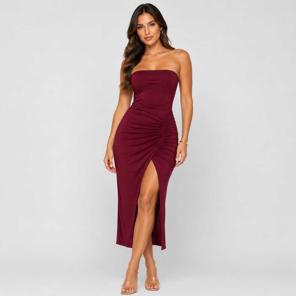Vestido Feminino Nicole Midi Drapeado Tubinho Tecido Suplex Elegante Com Fenda Moda Festa Balada