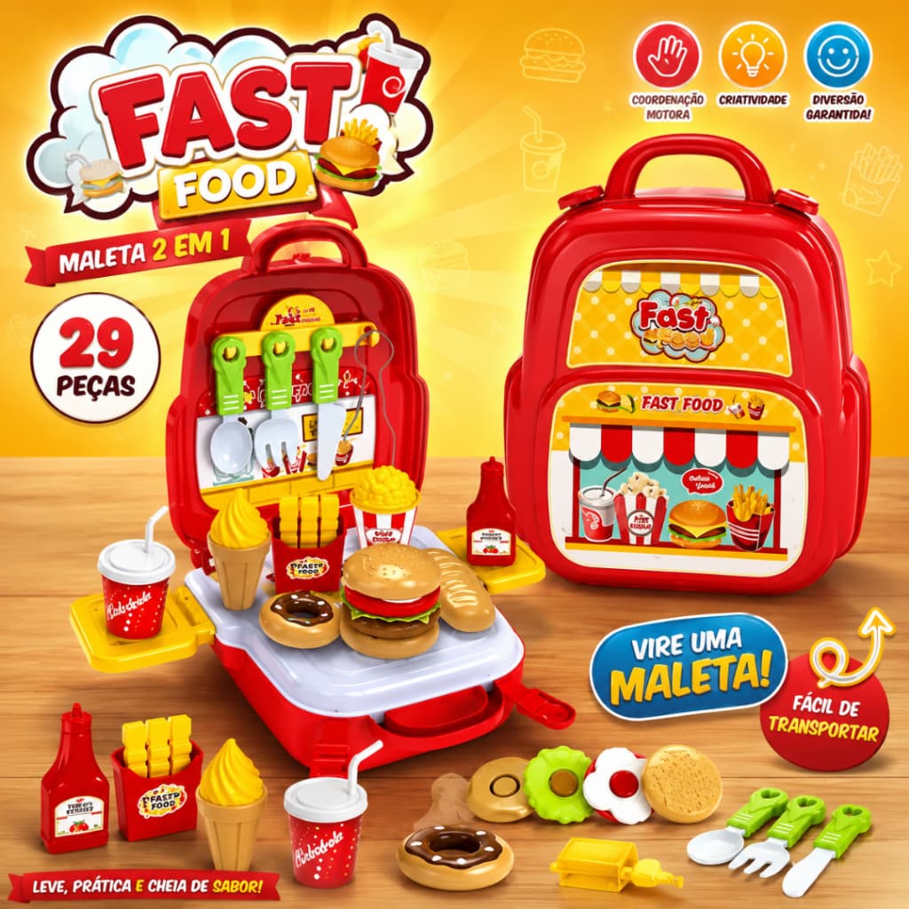 Maleta Fast Food Infantil 3 Em 1 Didática Fast Brinquedo Pedagógico De Cozinha Lanchonete Criança