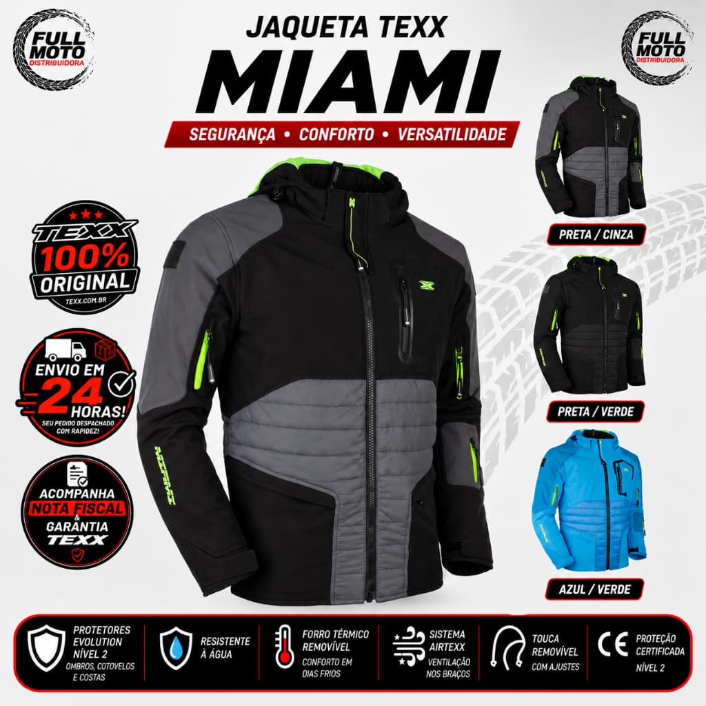 Jaqueta Texx Miami Proteção Nível 2 unissex Forro Térmico Conforto Urbano resistente à água